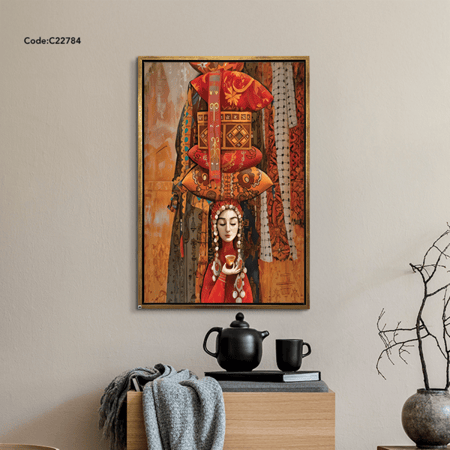 لوحة جدارية بتصميم لفتاة وزخارف تقليدية