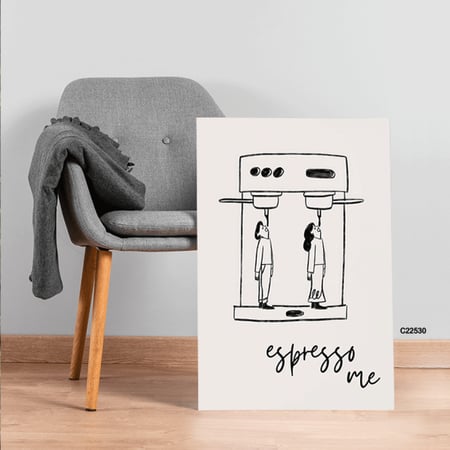 لوحة جدراية تصور الة قهوة كبيرة واشخاص بتدرجات الاسود والابيض