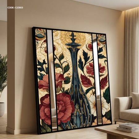 لوحة جدارية كانفس تصور زهور وفازة عملاقة ومرايا بين قطع الكانفس