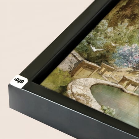 لوحة جدارية تصور جزءاً من حديقة تدرجات الاخضر والبيج والسماوي