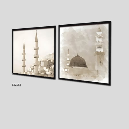 لوحة جدارية كانفس تصور معالم اسلامية بارزة قبب ومآذِن بتدرجات البيج