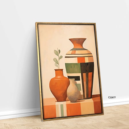 لوحة جدارية تصور مزهريات ملونة بتدرجات دافئة