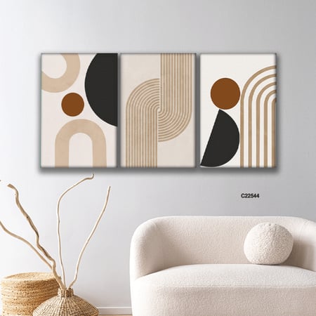لوحة جدارية كانفس تصور اشكال هندسية وخطوط بتدرجات البني والبيج والاسود
