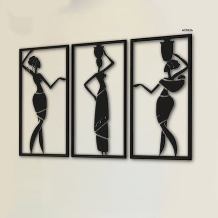 طقم مكون من ثلاث لوحات أكريليك سوداء بتصميم مفرغ قص ليزر لنساء أفريقيا