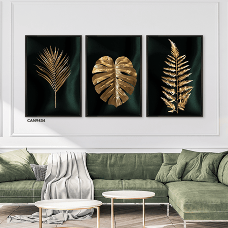 لوحة جدارية كانفس مقسمة أوراق شجر درجات الأسود والذهبي مع الزيتي