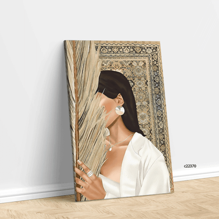 لوحة جدارية كانفس فتاة برداء أبيض بخلفية نقوش سجاد