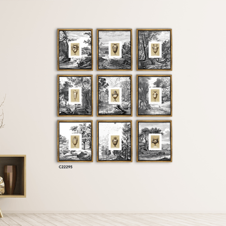 لوحة جدارية كانفس مقسمة اغصان واشجار تدرجات الرمادي مع الأسود والأبيض