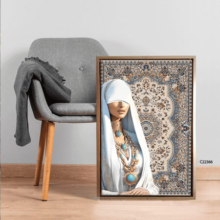 لوحة جدارية كانفس فتاة بخلفية نقوش سجاد تدرجات ازرق وابيض وبيج