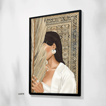 لوحة جدارية كانفس فتاة برداء أبيض بخلفية نقوش سجاد