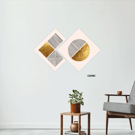 لوحة جدارية كانفس معينات ودوائر بتدرجات الذهبي وأسود وسكري