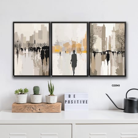 لوحة تصور اشخاص بتدرجات البيج والاصفر والرمادي والاسود