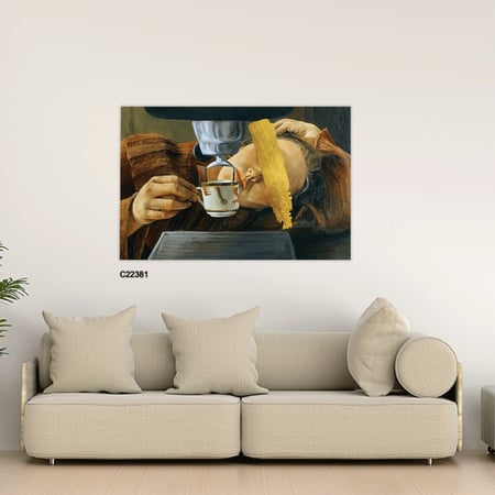 لوحة جدارية كانفس فتاة ريفية وفنجان تدرجات البني والرمادي والذهبي