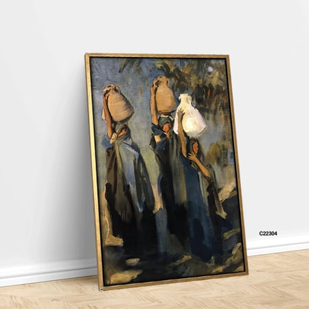 لوحة جدارية كانفس سيدات بازياء تراثية بتدرجات الازرق والاخضر والبني .