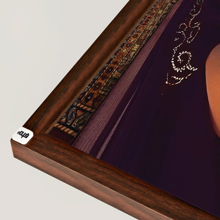 لوحة جدارية فتاة ترتدي البرقع وممسكة بخيل بني بخلفية زخارف