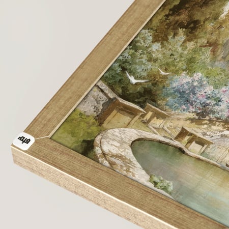 لوحة جدارية تصور جزءاً من حديقة تدرجات الاخضر والبيج والسماوي