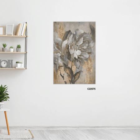 لوحة  جدارية كانفس تصور وردة بتدرجات الرمادي و الذهبي