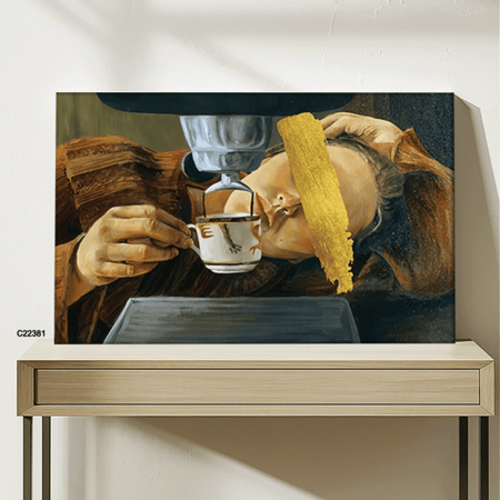 لوحة جدارية كانفس فتاة ريفية وفنجان تدرجات البني والرمادي والذهبي