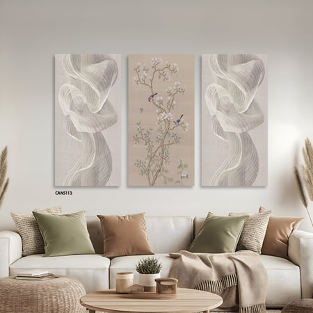 لوحة جدارية كانفس مقسمة، ورود وأغصان وتموجات-تدرجات البني والبيج