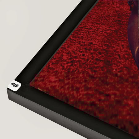 لوحة جدارية تصور فتاة برداء احمر تمتطي خيل