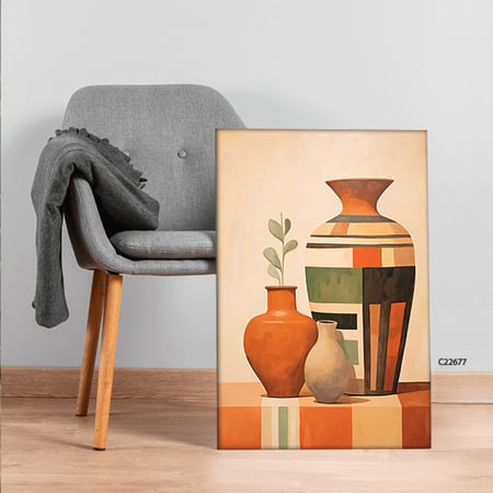 لوحة جدارية تصور مزهريات ملونة بتدرجات دافئة