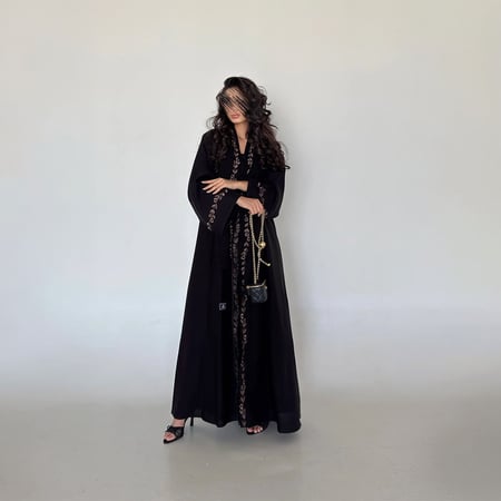 عباية قماش كتان نص كلوش مطرز بني