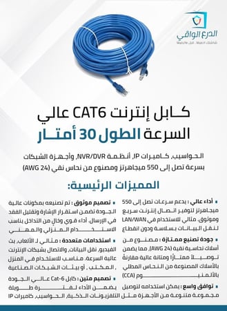 كابل إنترنت وشبكات Cat-6 بطول 30 متر – كابل شبكات عالي الأداء لتوصيل التلفزيونات الذكية، الحواسيب، كاميرات IP، أنظمة NVR/DVR، وأجهزة الشبكات بسرعة تصل إلى 550 ميجاهرتز ومصنوع من نحاس نقي (24 AWG)