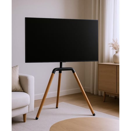 حامل تلفزيون ثلاثي القوائم أرضي متحرك للشاشات 32–75 بوصة قابل لتعديل الارتفاع مع قاعدة ثلاثية وصواني تخزين، مثالي للاستوديو و لغرف المعيشة، النوم ،قدرة دوران ومرونة عالية أنيق