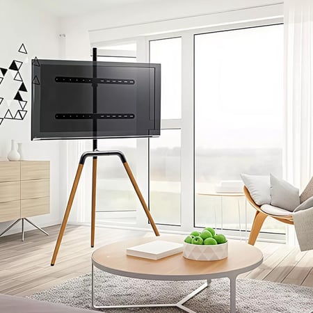 حامل تلفزيون ثلاثي القوائم أرضي متحرك للشاشات 32–75 بوصة قابل لتعديل الارتفاع مع قاعدة ثلاثية وصواني تخزين، مثالي للاستوديو و لغرف المعيشة، النوم ،قدرة دوران ومرونة عالية أنيق