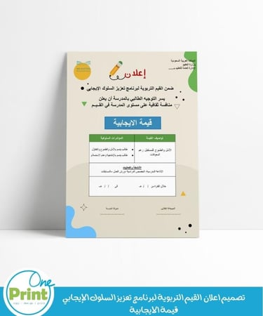 تصميم اعلان لجميع القيم التربوية لبرنامج تعزيز السلوك الإيجابي