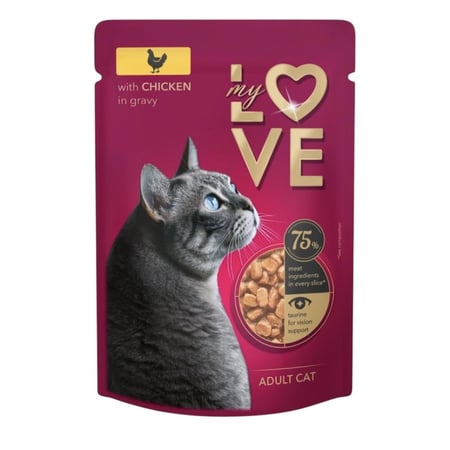 ماي لوف – طعام رطب للقطط البالغة بالدجاج في المرق | 85 غرام