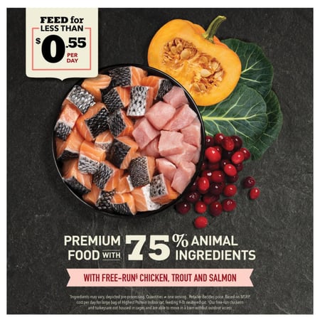 طعام جاف عالي البروتين بنكهة الدجاج والسالمون وسمك التروت طازج من شركة Acana