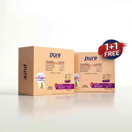 كورس شهرين 1+1 مجانًا من بيور كولاجين 10.000 ملجم  ببتايد I و II مع البيوتين 500 ملجم والهيالورونيك والجلوتاثيون والكرز الهندي