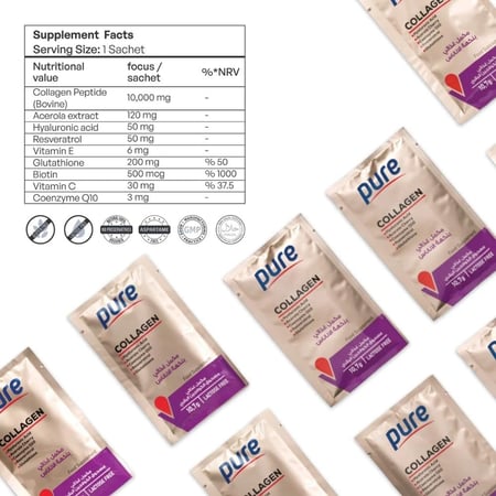 كورس 6 شهور  من بيور كولاجين  10.000 ملجم ببتايد I و II مع البيوتين 500 ملجم وحمض الهيالورونيك ومضادات الأكسدة