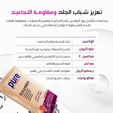 بيور كولاجين 10.000 ملجم - كولاجين ببتايد I و II مع البيوتين 500 ملجم وحمض الهيالورونيك ومضادات الأكسدة