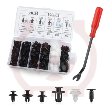 كلبسات السيارات (100 حبة) 6 أنواع + اداة الفك