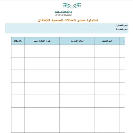 نموذج حصر الحالات الصحية والاجتماعية والنفسية لأطفال فصل بصيغة وورد