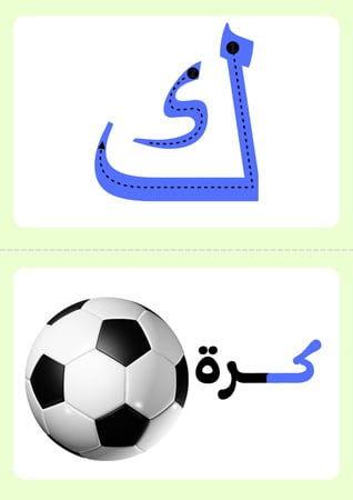 بطاقات تعلم حرف ك ، ٧ كلمات تحتوي على الحرف ، وتلوين الحرف