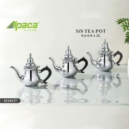 طقم أباريق شاي تقديم ستانلس ستيل شكل كلاسيكي مغربي 3 مقاسات مع يد سودا