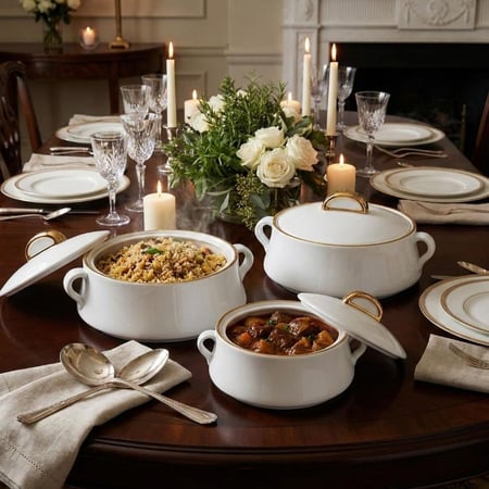 طقم سخانات طعام سيلو ميداس لون أبيض بذهبي 3 قطع على طاولة طعام فخمة.