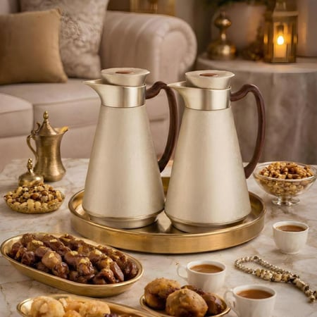 طقم ترامس قهوة وشاي ماركة السيف موديل بيلسان لون بيج ومسكة خشبية