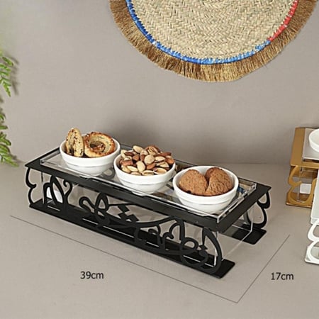 ستاند تقديم فطور رمضان 3 صحون سيراميك بيضاء وقاعدة معدن اسود بعبارة إف