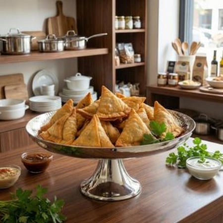 صحن وستاند تقديم فضي لامع بقاعدة مرتفعة مليء بالسمبوسة لتزيين طاولة ال