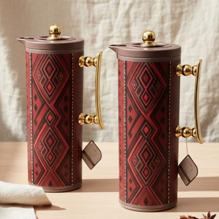 طقم ترامس قهوة وشاي لون أحمر بنقشة هندسية ومقابض ذهبية فاخرة