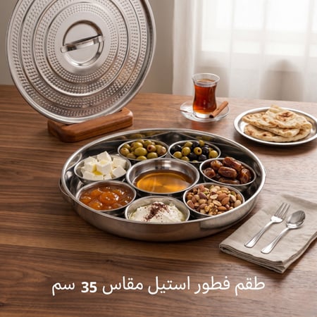 طقم صحن فطور ستيل هندي 9 قطع مقسم مع غطاء - مقاس 35 سم