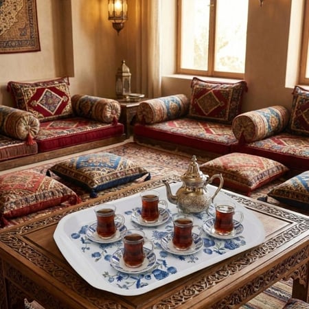تبسي تقديم ميلامين مستطيل مقاس 21.5 سم لون ابيض ونقوش زهور زرقاء لتقدي