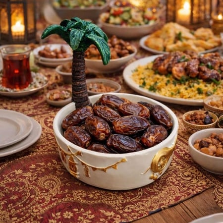 تمرية واحة النخيل | وعاء تقديم بديكور نخلة واقعية وزخارف ذهبية