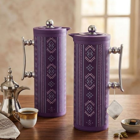 طقم ترامس ضيافة بتصميم تراثي ونقوش السدو قطعتين 1 لتر + 1 لتر