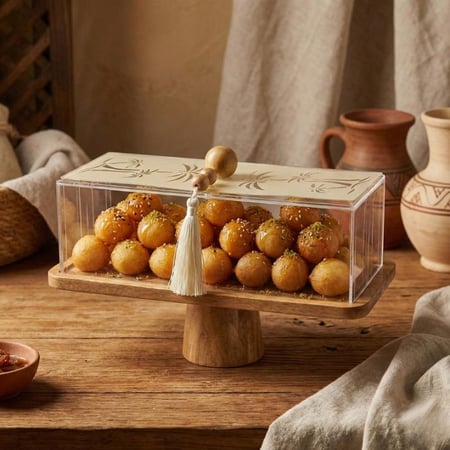 صحن تقديم رمضاني بغطاء اكريليك وقاعدة خشبية