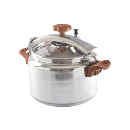 قدر ضغط ألمنيوم لون فضي بمسكات ومقبض بتصميم خشبي بني وقفل أمان علوي