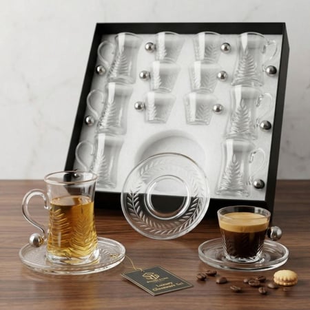 طقم بيالات وفناجيل زجاجي فاخر بنقوش ولمسات معدنية 18 قطعة